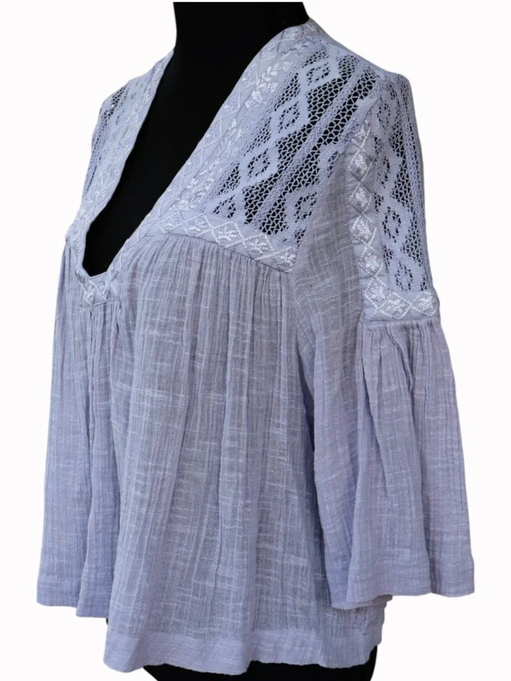 Free People Lavender Gauze Crochet Lace Boho Bell Sleeve Blouse Petite S/P
